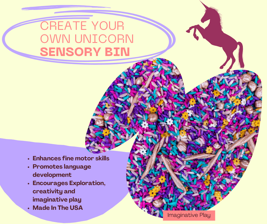 UNICORN SENSORY RICE, SENSORY BIN FILLER, SENSORY FILLER, SENSORY BIN, SENSORY PAY, UNICORN SENSORY BIN, SENSORY TOYS FOR GIRLS, SENSORY PASTA